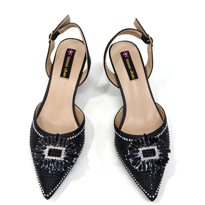 Elegant Nigerian Women’s Italian Design Black Heels and Handbag Set With Rhinestone Accents for Wedding and Party