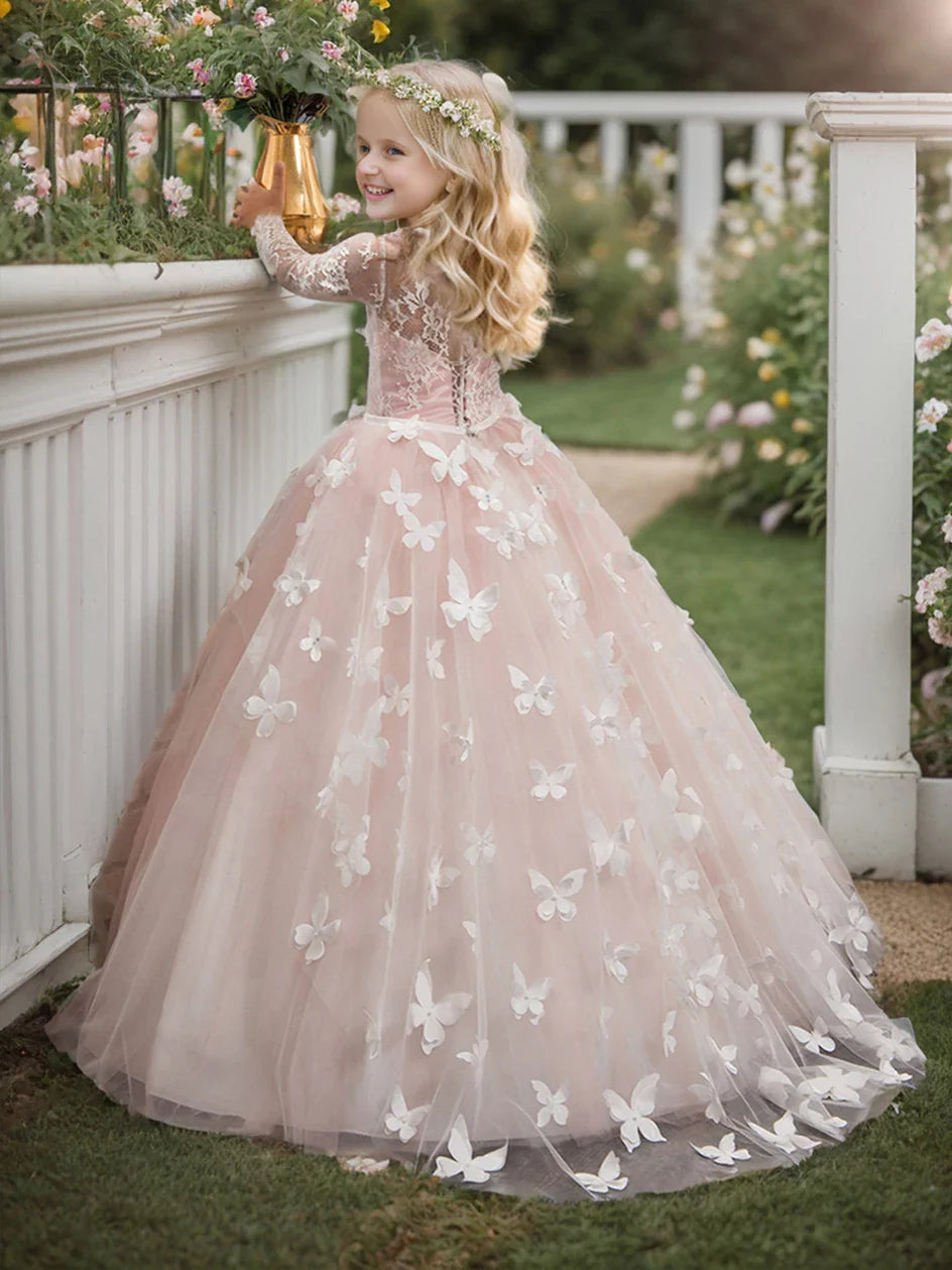 Elegant and lovely butterfly floor mopping flower girl wedding dress, lace long sleeved ball dress