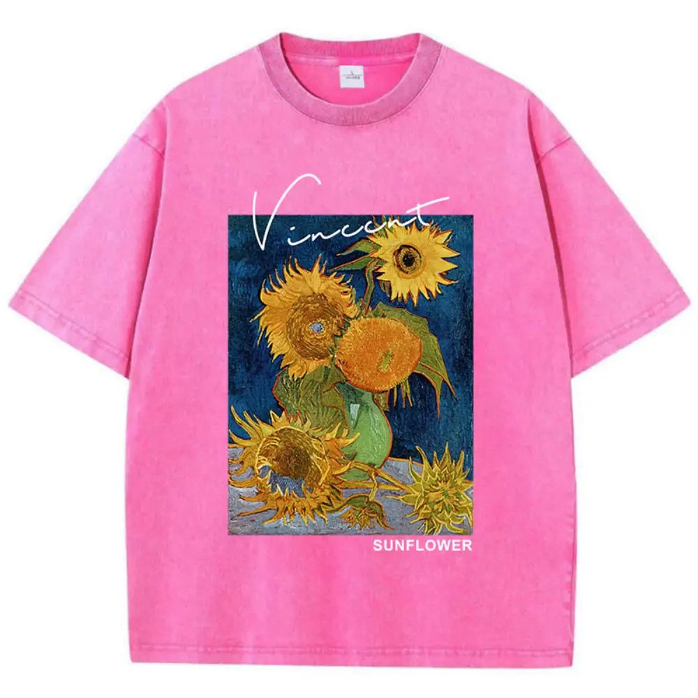 Camisetas Femininas Casuais de Algodão Lavado Estampa Girassol Van Gogh Manga Curta Gola Redonda Blusas Respiráveis Macias Roupa Feminina da Moda