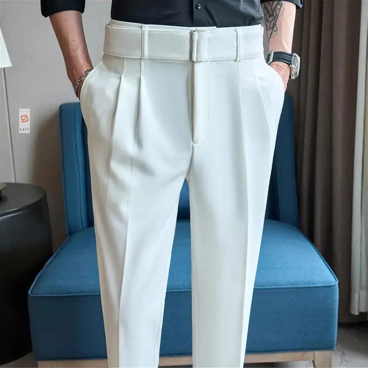 Quality Male Boutique Men Formal Wear Wedding Dress Trousers Men Belt Design British Style Business Casual Slim Suits Pants 3XL