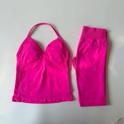 Set of 2 pieces of women's yoga mesh, sleeveless tops with open back, high-waisted gym suit, fitness clothing, yoga set