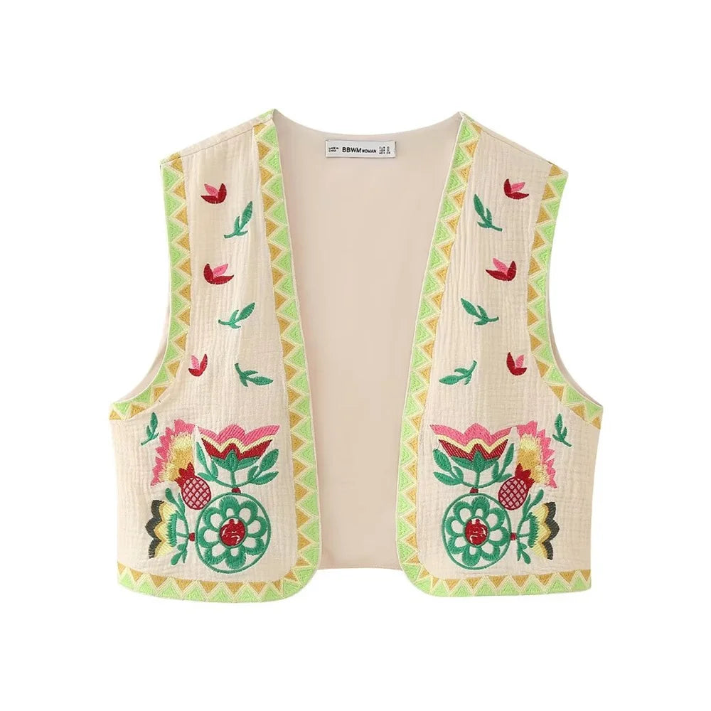 European and American Style 2024 Spring and Summer Women's New Fashionable and Versatile Round Neck Sleeveless Embroidered Vest