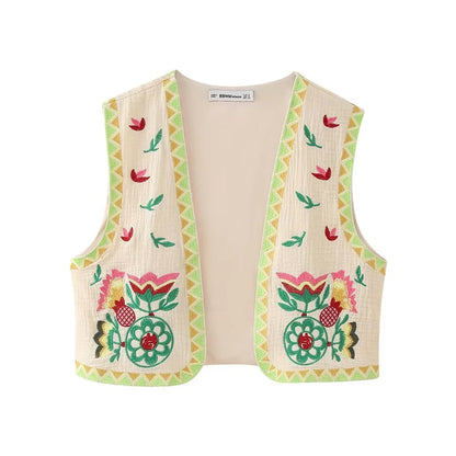 European and American Style 2024 Spring and Summer Women's New Fashionable and Versatile Round Neck Sleeveless Embroidered Vest