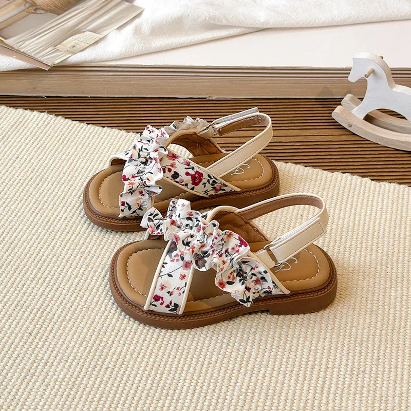 Summer Girl's Sandals Open Toe Flower Hook-loop Chic Kid's Flat Shoe Solid Colors Light Comfy Casual Daily Children Shoes 23-33
