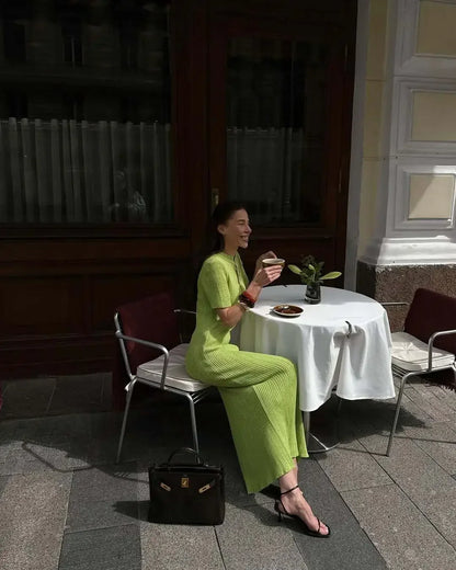 Long Dress Female Short Sleeve Slim Hollow Retro Elegant Sweater Dress 2025 Summer High Waist Woman Dress