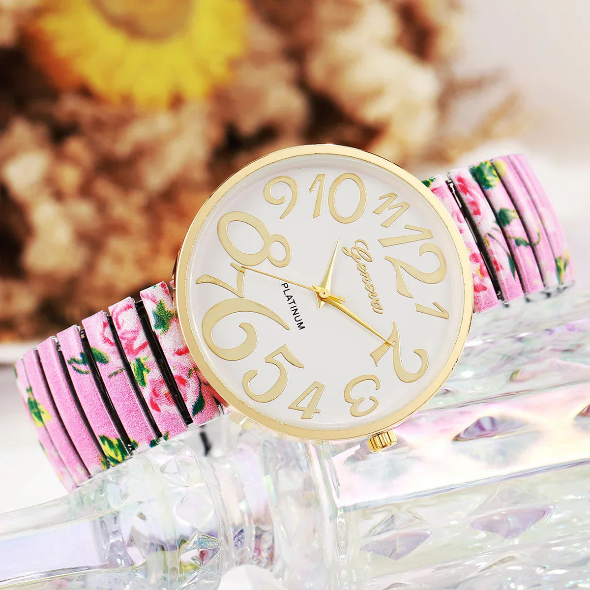 1/2/3/4PCS Fashion Flowers Printed Women Watch Luxury Elastic Strap Arabic Quartz Watches Reloj Mujer Girls Clock（Without Box）