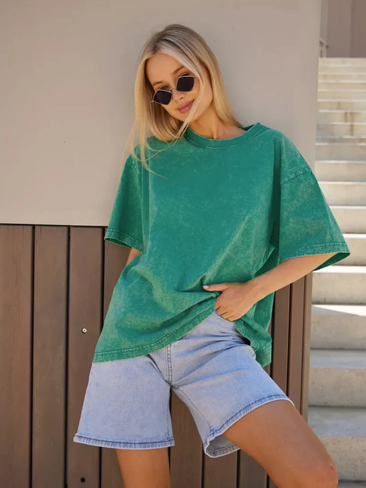 Fashion Women Cotton Solid Washed T-shirts Loose O-Neck Tee Shirts Street Casual Comfortable Short Sleeve Tops Female Clothes