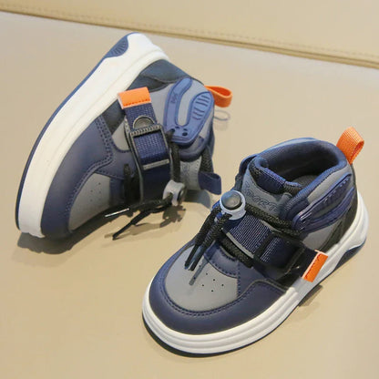 Comfy Kids Boys and Girls Navy Blue and Gray Color-Blocked High-Top Sneakers, Breathable Mesh Surface with Rotating Buckle and Velcro, Wear-Resistant, Grip-Enhancing, Lightweight Children's Shoes, Suitable for Spring and Autu