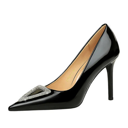 American Banquet High Heels Slim Heels Shiny Patent Leather Shallow Mouth Pointed Toe Shining Rhinestone High Heels Single Shoes