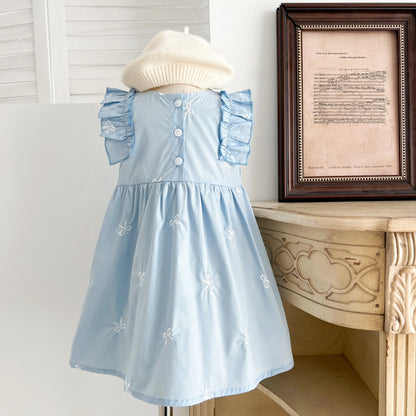 Summer Girls Dress Children's Clothing Bow Embroidered Flower Collar Girl's Dress Cartoon Printed Flying Sleeves Princess Dress