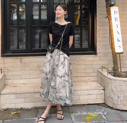 Women Flocking Flower Tulle Gauze Skirt Elegant Sweet Elastic Waist Midi Floral Mesh Skirt For All Season