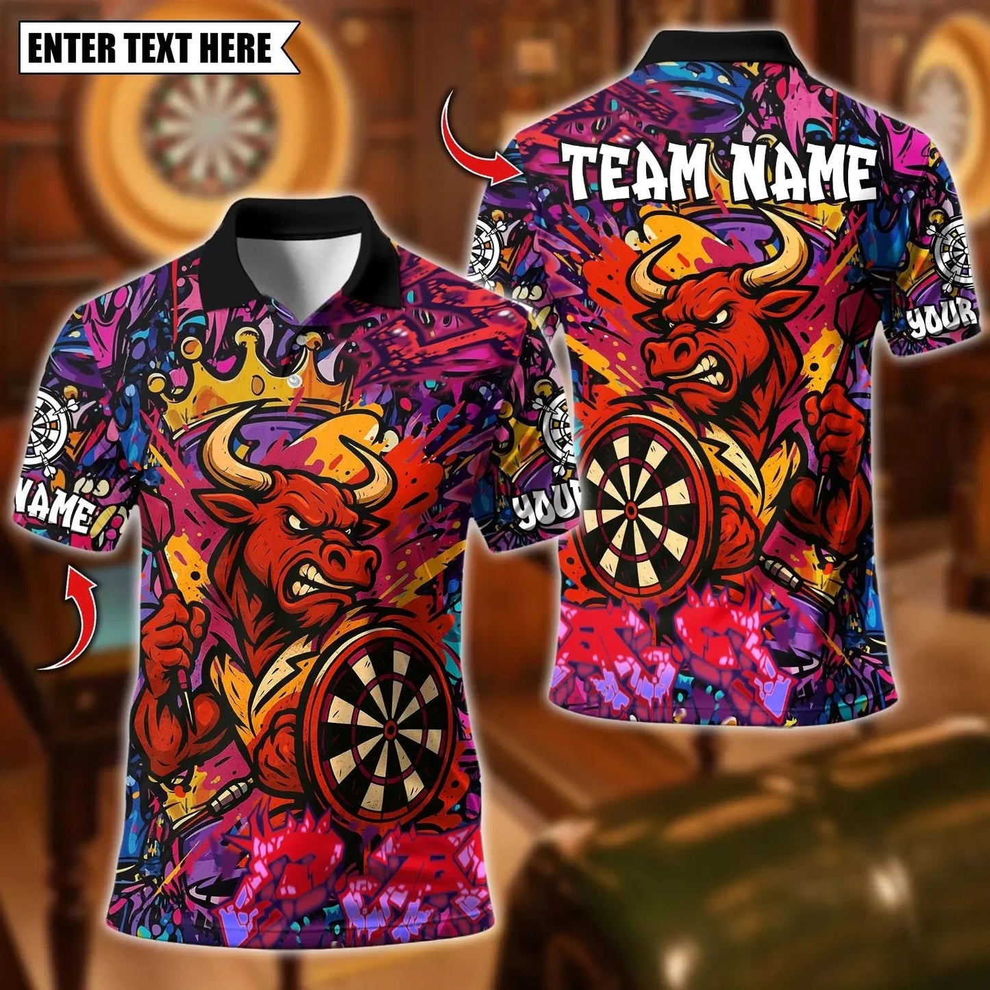 New Custom Name Dart Polo Shirt, Flaming Dartboard Design, Personalized Team Shirt for Men, Gift for Darts Players