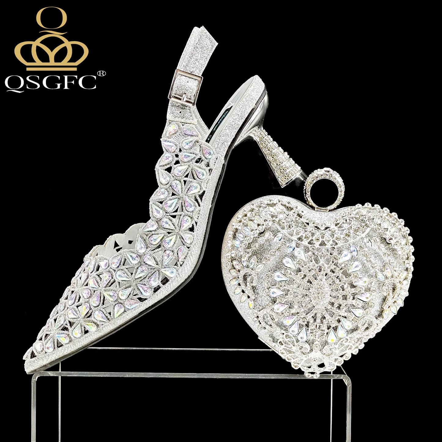 Italian Design Rhinestone-encrusted Sex Ladies Shoes And Special Bag High Heels And Heart Shape Gold Mini Bag