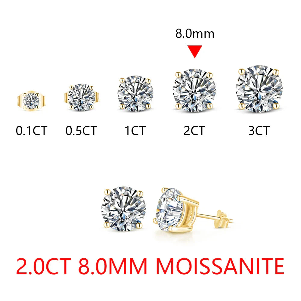 2 Carat 8.0mm D Color Moissanite Stud Earrings For Women Top Quality 100% 925 Sterling Silver Sparkling Wedding Jewelry