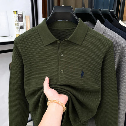High-end Quality Men's Casual Outdoor Pineapple Pattern Knitted Long-sleeve Polo Shirt (eco-cotton, No Shrinkage No Deformation)