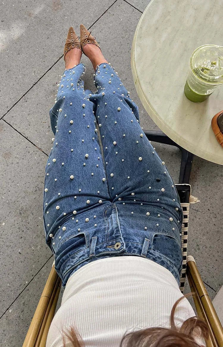 Jeans Denim Pant Women Long Pants Beading High Waist Casual Straight Trousers Y2k Streetwear Elegant Splice Mom Jeans 2025