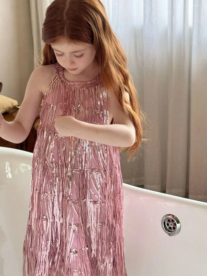 Vestido Infantil Meninas 2025 Verão Novo Moda Infantil Vestido de Borla Brilhante de Luxo Vestido de Aniversário para Meninas