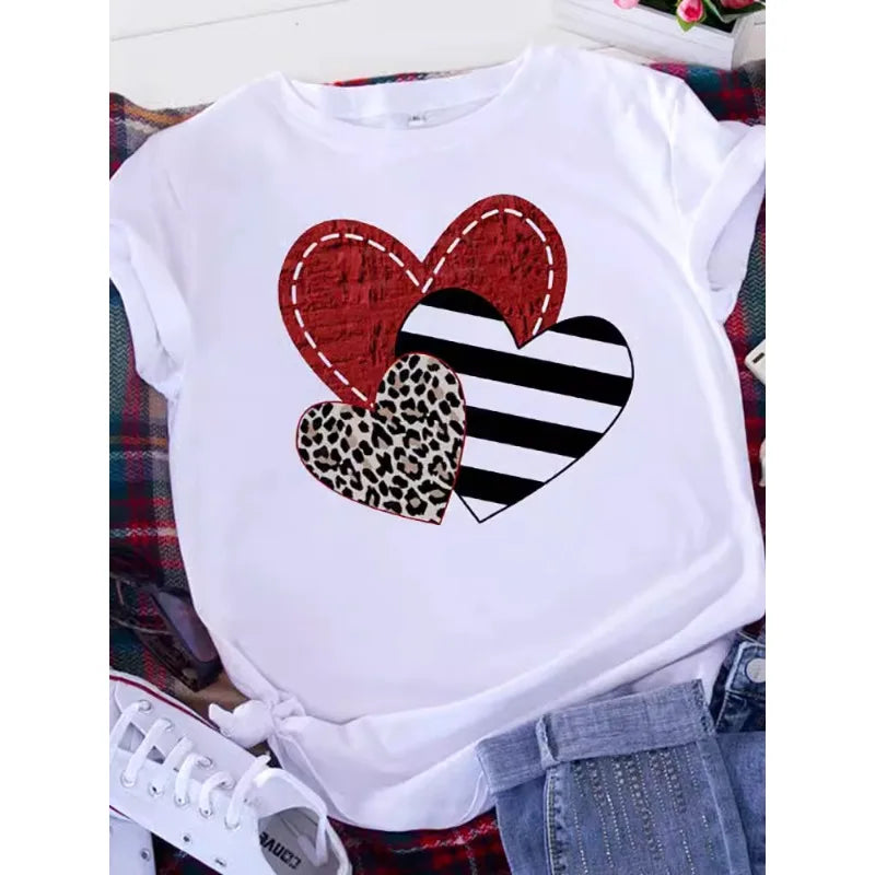 American Retro Letters Love White T-shirt Women Short Sleeve Round Neck Loose Large Size Casual Top Oversized