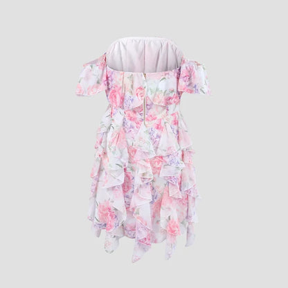 Chic Floral Printed Mini Dress Backless Sleeveless Hem Stacking Dresses Sweet A Line Vestidos 2025 New Lady Party Club Clothing