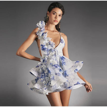 Backless Party Dress Women Elegant 3D Flower Print Sling Lace Up Ruffle A-line Mini Evening Dresses Female 2025 Summer Swimwears