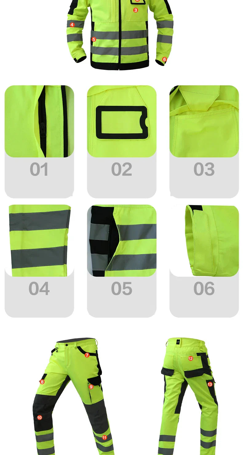 Men's Workwear Suit Work Suit Fluorescent Yellow Work Jacket and Pants Set with Multi Pockets Work Wear