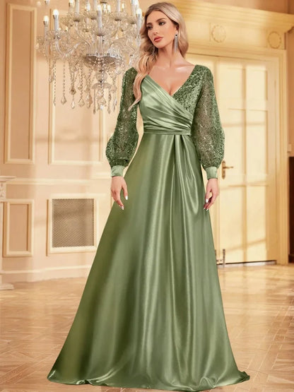 Luxury Blue V-Neck Sequin Evening Dress 2024 Elegant Women Party Maxi Dress Long Sleeve Cocktail Dress Prom Gown