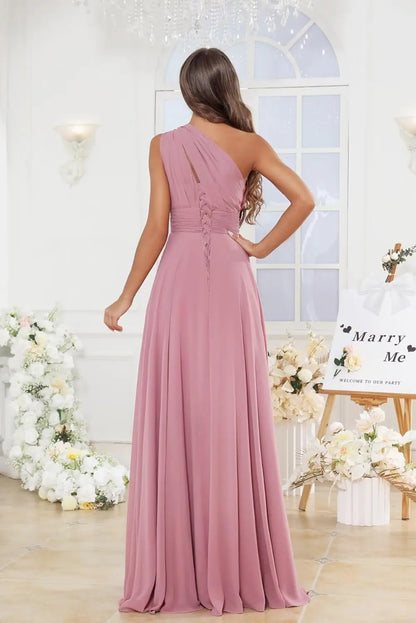 Vestidos de Daminha de Um Ombro para Mulheres Vestido de Noite Formal Longo de Chiffon Plissado Vestidos de Madrinha para Casamentos