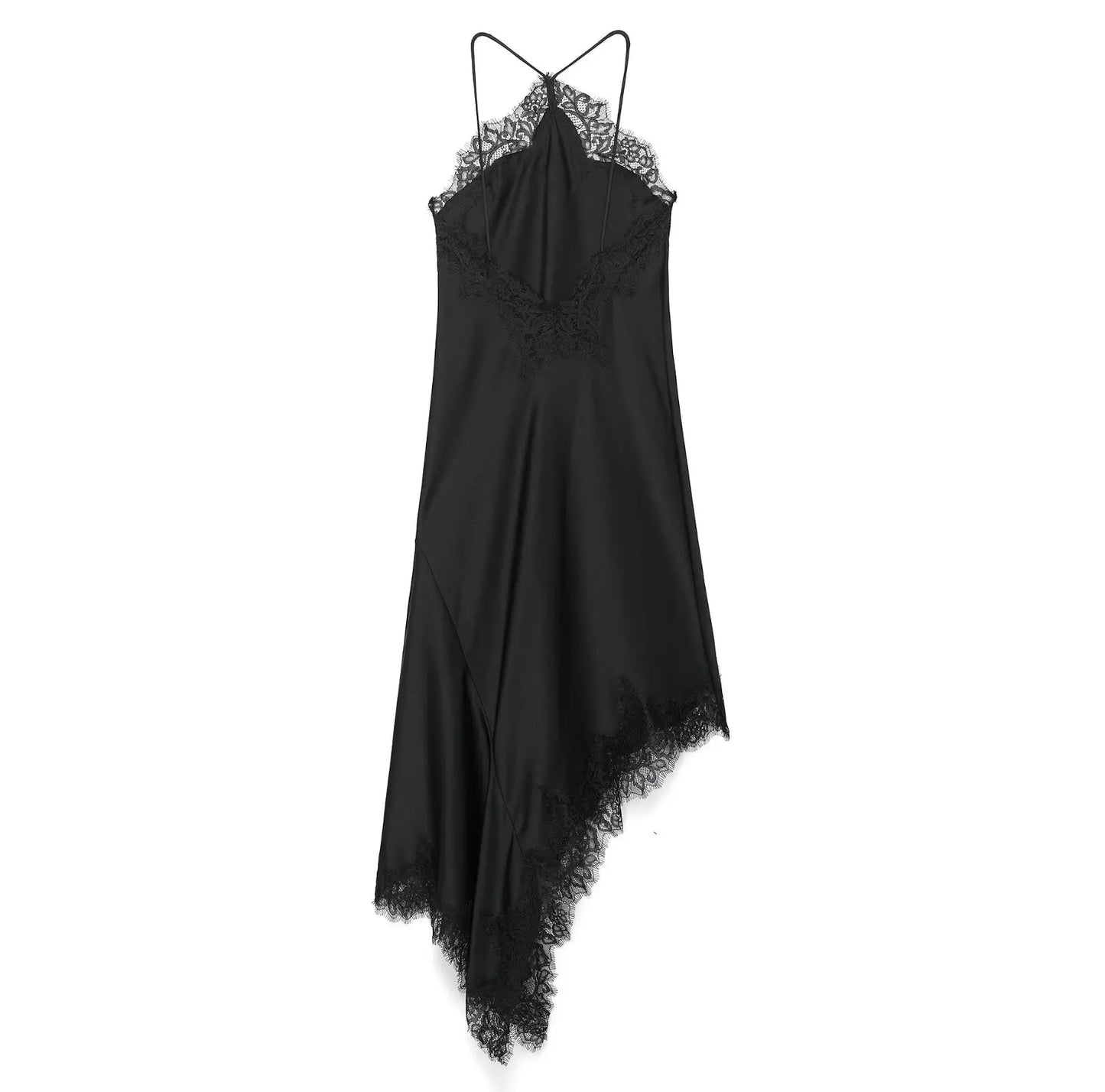 Summer New Product Women's Lace Decorative Satin Texture Strap Sexy Dress with Hanging Neck and Asymmetric Bottom