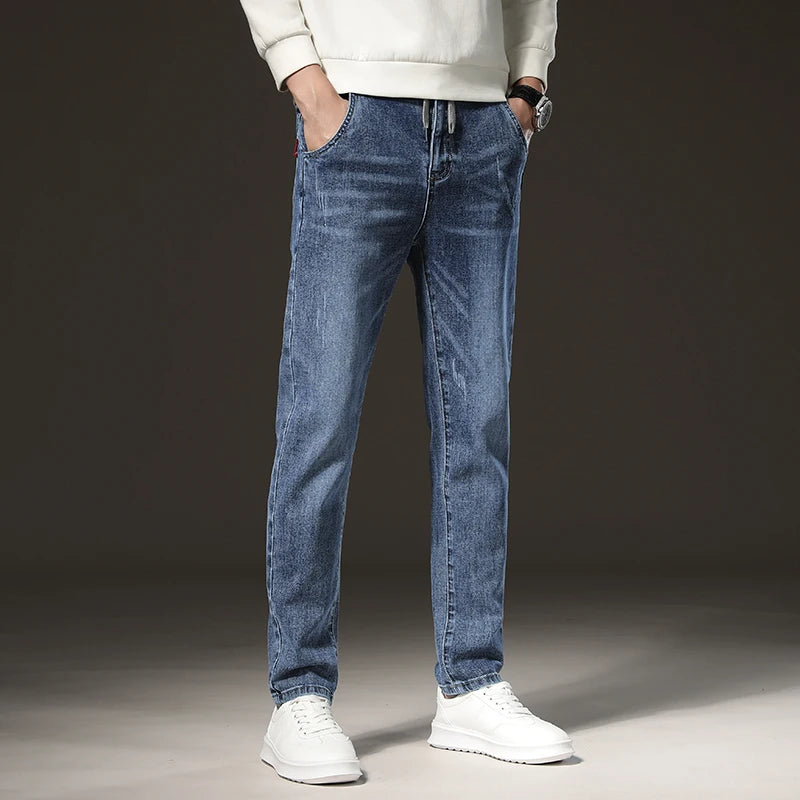 Warm Winter Jeans Men's Fleece Light Blue Slim Straight Denim Pants High Quality Thicken Velvet Elastic Comfort Casual Trousers