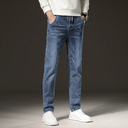 Warm Winter Jeans Men's Fleece Light Blue Slim Straight Denim Pants High Quality Thicken Velvet Elastic Comfort Casual Trousers