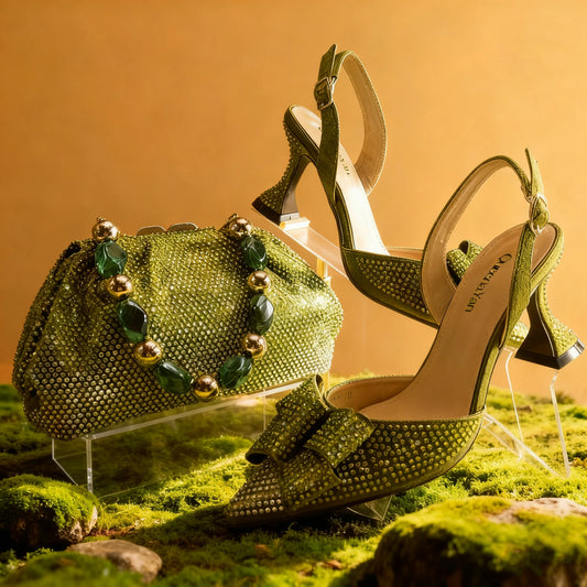 Italian Fashion Pointed Toe Women High Heel Shoes Mixed Color Effect Rhinestone Decoration Shoes And Bag Set