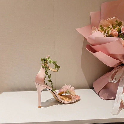 Summer Pink Sweet Chiffon Flower Dream High Heels Lace up Sandals Wedding Banquet Women's Shoes