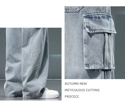 8XL Jeans New Wide Leg Washing Pants Men Trousers Neutral Solid Color Loose Casual Korean Fashion Pocket Plus Size Cargo Pant