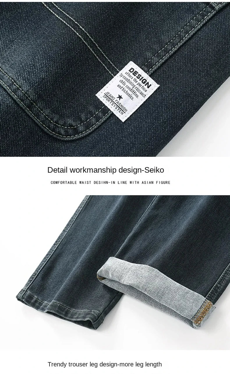 Men's Spring Autumn Soft Baggy Jeans Casual Straight Stretch Wide-Leg Business Denim Pants Versatile Comfortable Loose Trousers