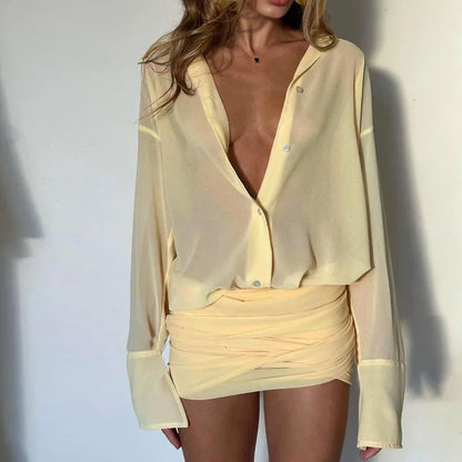 Fashion See Through Shirt Mini Dress Flare Sleeve Sexy Club Party Bandage Ruched Lapel Dresses Outfits Clothes