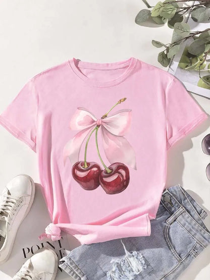 Fashion Cherry Print Women T-Shirt Short Sleeve Crew Neck Casual Tops for Summer Spring Women's Clothing Tops Tees