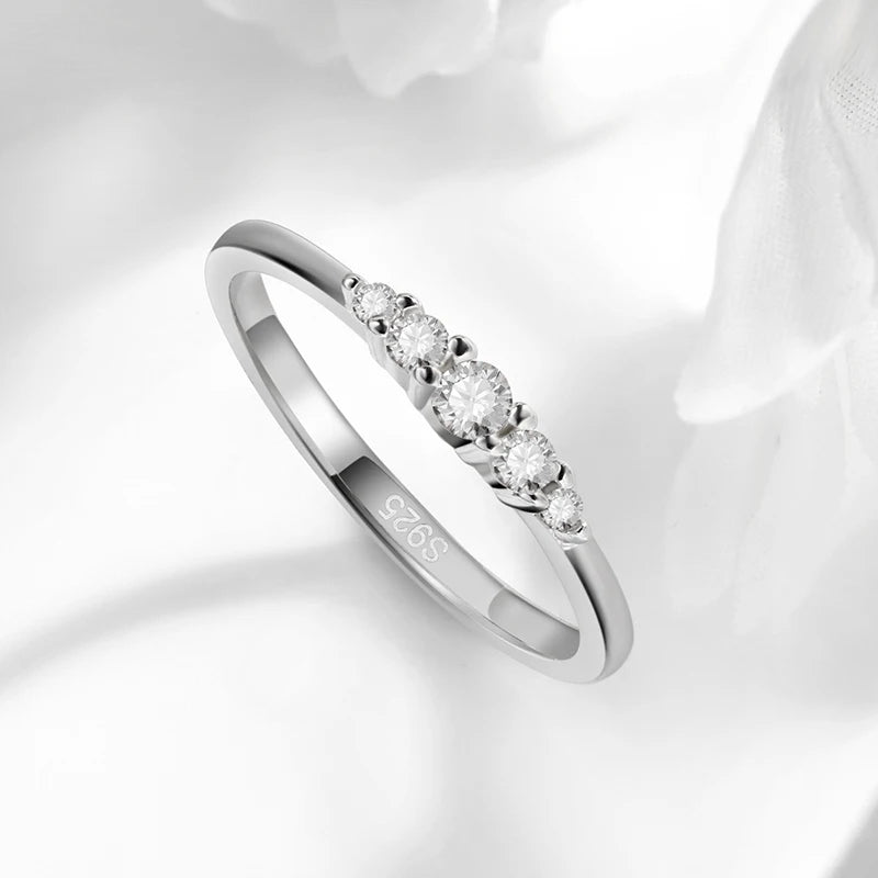 0.13CTTW 2.5mm Certified Moissanite Rings for Women 5 Stones Sparkling Sterling Silver 925 Wedding Band Mach Diamond GRA
