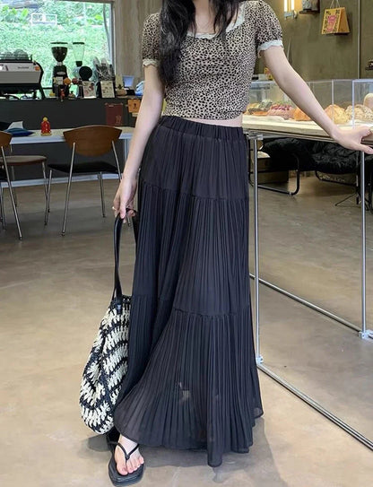 Women's High Waist Pleated Maxi Skirt, Casual A-Line Flowy Tiered Long Skirt, Elegant Beach Vacation Skirts for Ladies