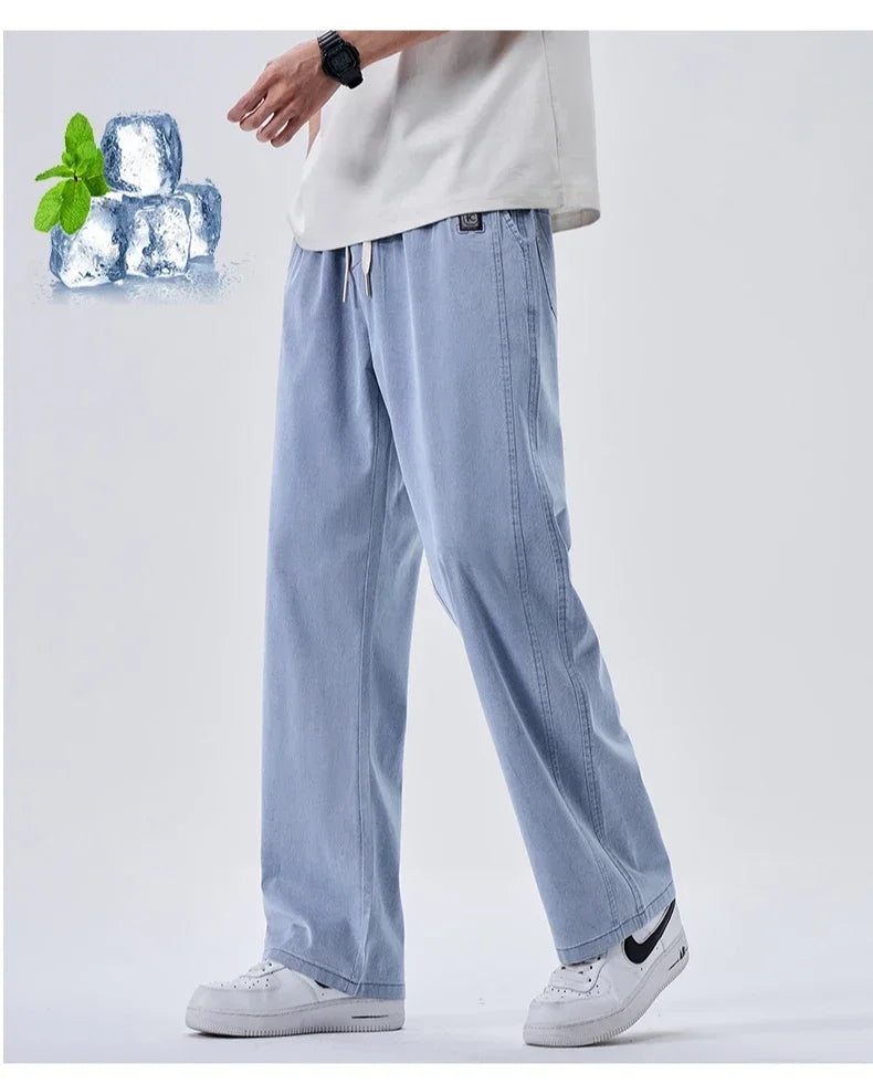 Brand Soft Jeans for Men Spring Thin Draped Comfortable Straight Trousers Drawstring Male Baggy Denim Pants Streetwear