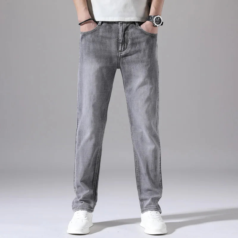 2022 Autumn Spring Fitted Straight Stretch Denim  Classic Style Badge Youth Men's Business Casual Jeans Trousers