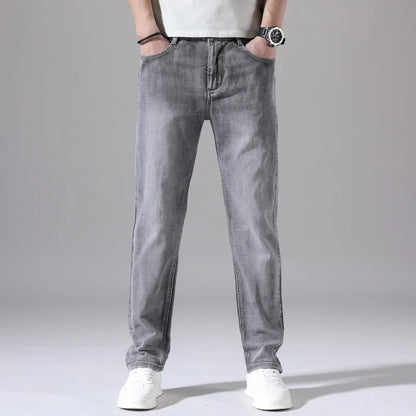 2022 Autumn Spring Fitted Straight Stretch Denim  Classic Style Badge Youth Men's Business Casual Jeans Trousers