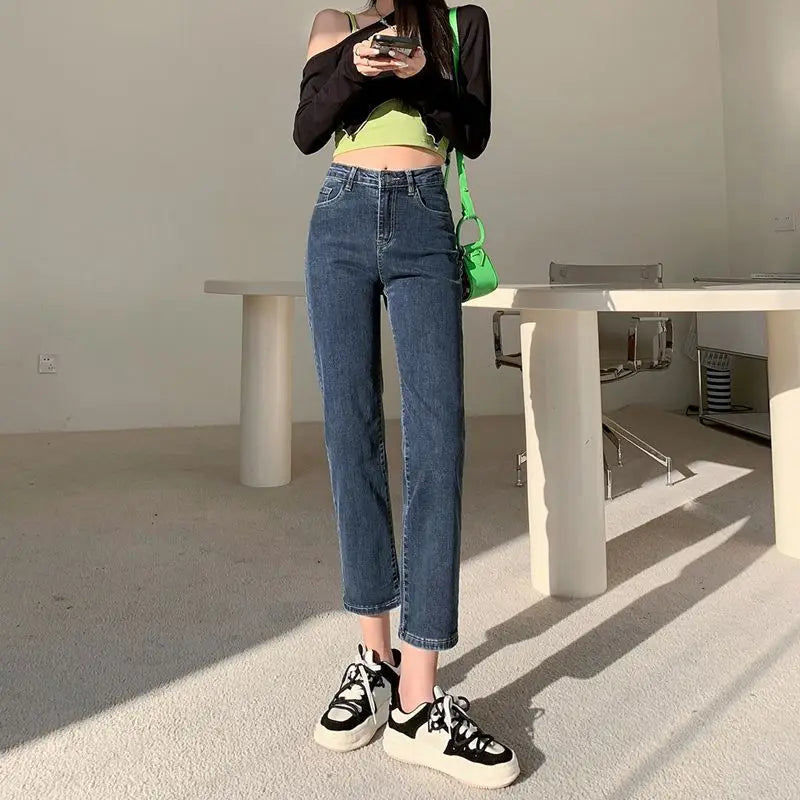 Women Cotton Elastic Slim Fit Jeans High Waist Pants