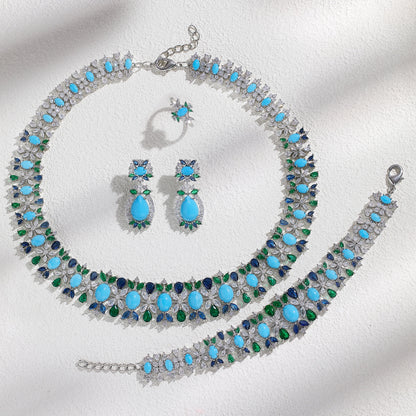 2023 New Fashion 4-Piece Turquoise Dubai Women's Wedding Jewelry Set Nigeria Africa Necklace Earring Set
