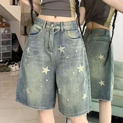 Y2k Vintage Harajuku Denim Shorts Women Washed Letter Embroidery Tassels American Retro Jeans Man Baggy Hip Hop Jorts