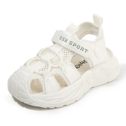 Kids Summer Breathable Mesh Sandals Boys Girls Closed Toe Sport Shoes With Magic Strap In Black And White For Toddlers Outdoor