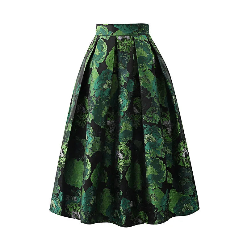 High Quality Elegant Lady Hepburn Style Mid-long Puff Skirt All-match Spring Autumn High Waist Green Jacquard Women A-line Skirt