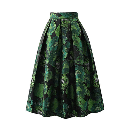 High Quality Elegant Lady Hepburn Style Mid-long Puff Skirt All-match Spring Autumn High Waist Green Jacquard Women A-line Skirt