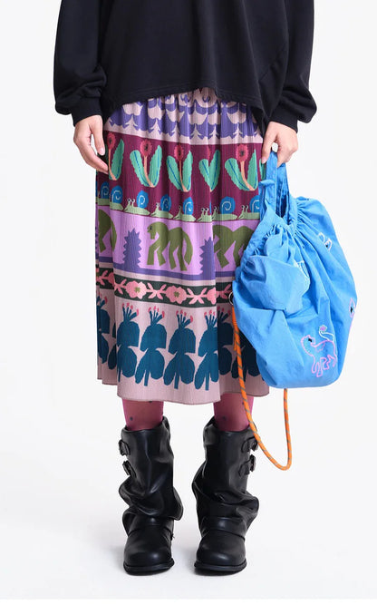 A-line Skirt 2026 Spring New Elastic Waist Colorful Floral Print Pleated Commuter Retro Style Skirt For Women 3ELC20607
