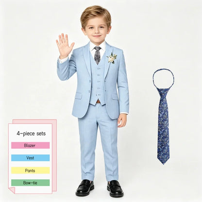 Boys’ 4-Piece Sky Blue Suit with Floral Tie for Weddings & Graduation