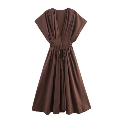 women's elegant party dress Vintage V-neck fashion pleated lace-up MIDI poplin dress